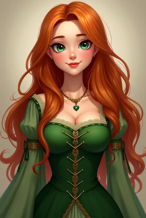  1 girl,  high resolution , Long orange hair ,  best quality , smile, green eyes,  full lips, distinctive jaw, Medieval dress in green ,  gold necklace with small green heart pendant,  realistic style , frontales Portrait, Curvy but slim figure