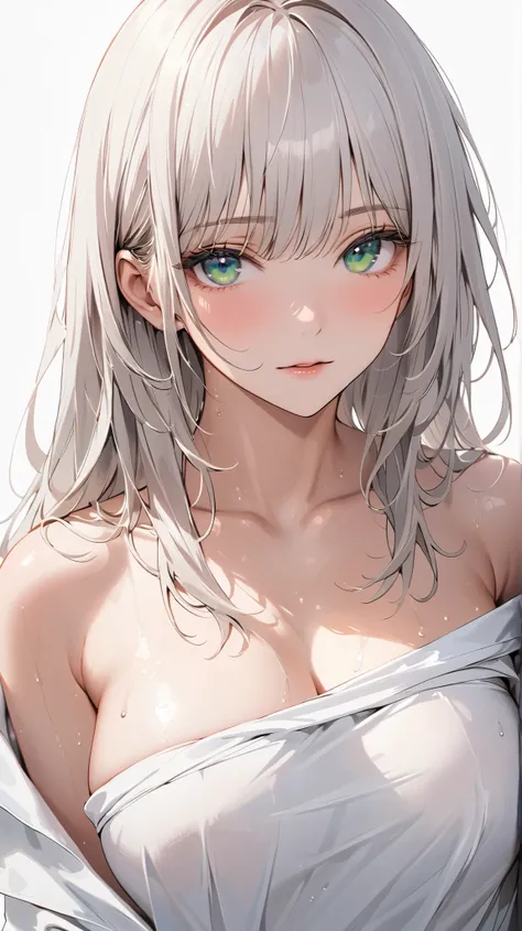 face details,semi realistic, Masterpiece, Master work, perfect , 4k, 1woman, wet hair, mature body, big size breast, straight shoulder-length hair, flat Bangs hair style, white colored hair with blue strokes, bright green eyes, flat expression face, wrappe...