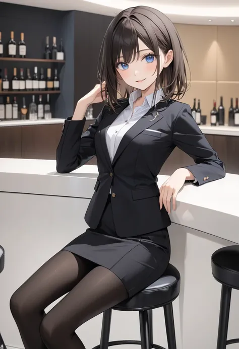 masterpiece,  best quality, Thin legs, Fine texture, Fine skin,  Expressive Blue Eyes ,  small breasts, Brown Hair,  medium hair, Right-parted bangs, smile, blush,  perfect face、1 person、 beautiful woman、Office Style、 business suit、 black jacket、White open...