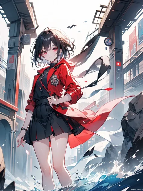 masterpiece, highest quality, highest quality, (no text), Beautiful and aesthetic:1.2),no text,anime、break,anime、break、 one girl、 Dark Haired Girl Short Hair 　 Slit Eyes Boyish 　adult　 beautiful eyes　red eyes, cool smile　 skirt　　 Black Coat　Full Body Outdo...