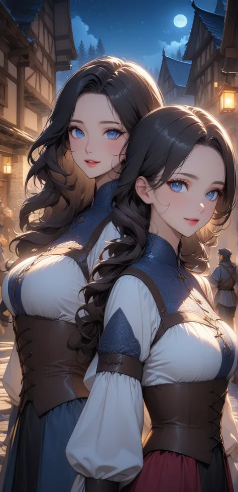 top-quality、anime style, Top image quality、 without bangs, no bangs, no bangs, forehead without bangs, woman with((big bust、Bust 95,Beautiful blue eyes、without bangs, black hair、without bangs, smile, curly black hairs, white shirt, brown corset, long pants...