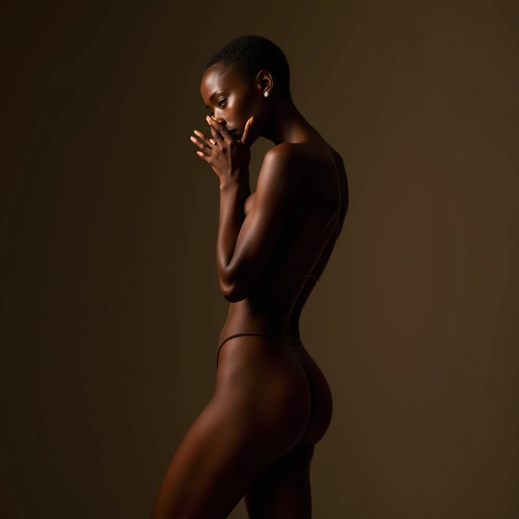 Create a realistic image of a dark-skinned Rwandan young woman in an artistic pose where she is standing and partially covering her nipples with her hands. The image should convey confidence and strength, with tasteful framing and lighting that accentuates...