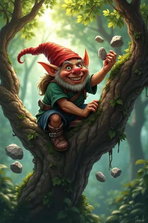 A gnom in a tree but he looks a Little like a goblin and he trhows rocks at people 