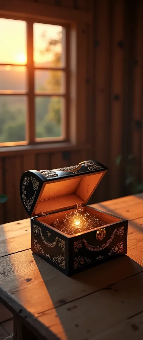  A rustic and cozy room ,  with natural wood walls and furniture ,  radiating simplicity and beauty .  The perspective is seen from above ,  capturing the environment comprehensively . In the center of the room,  a polished wooden table supports a black wo...