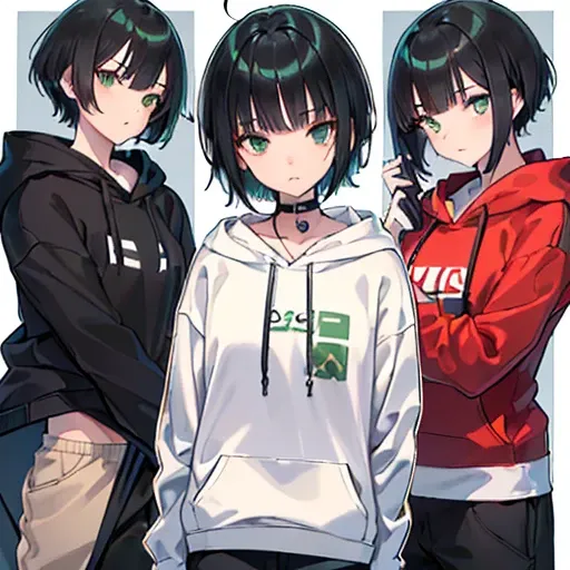 (   highest resolution ,   clear  _image) Excellent,   Masterpiece ,   high detail,   semi-realistic  , 3 neutral girls(   high school girls, ,黒い shorthair, golden eyes,  Indifferent Appearance  , young,  Tall、Get Stronger  ,   hoodies  , pants,   boots , ...