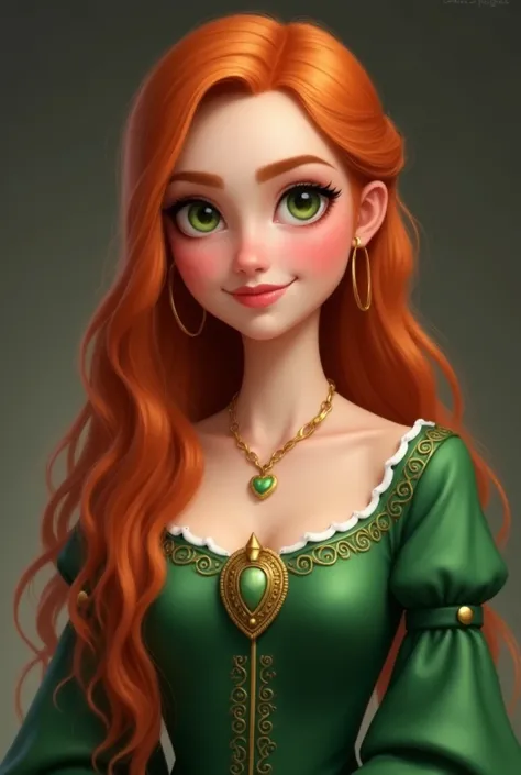  1 girl,  high resolution , Long orange hair ,  best quality , smile, green eyes,  full lips, distinctive jaw, Medieval dress in green ,  gold necklace with small green heart pendant,  realistic style , frontales Portrait, kurvige aber schlanke figur high ...