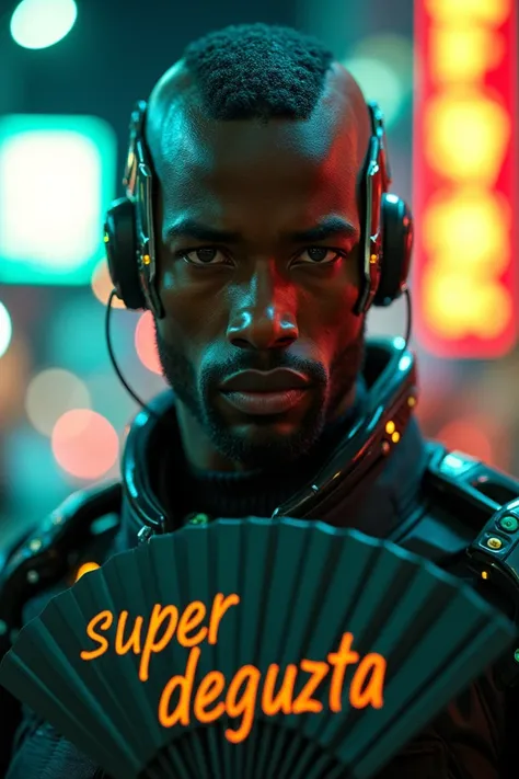 realistic,  professional photography , portrait of a african man as a cyber robot ,  with metallic BLACK trim with opaque orange and green details,  looks stunning ,  holding a fan with text  "Super DeGuzta  "   neon city in the background  , bokeh effect,...