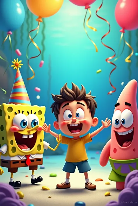 A  boy , smiling,very happy, Celebrating birthday with SpongeBob, Patrick, seabed