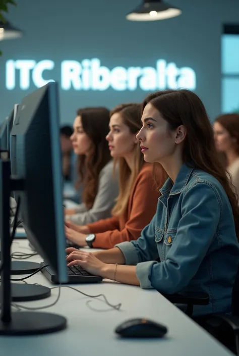 A group of beautiful women studying computer operator . In the background of the image, a text that says ITC Riberalta in New Times Roman and that is also visible 