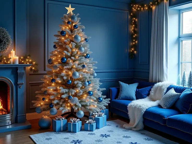  creat a imege home decorating ideas with blue for Christmas and write on logo name Jagwalhome.com 