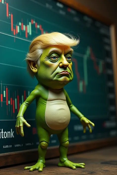 president trump with green skin like pepe the frog standing next to bitcoin chart with word stonk