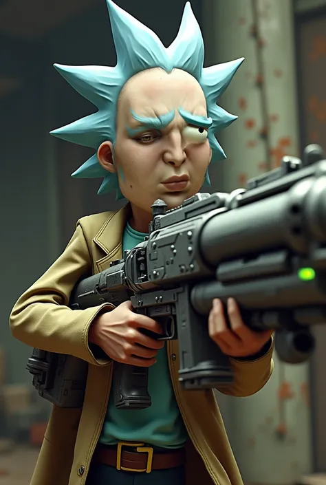 Rick from rick and morty whit a tired face using a giant raylgun