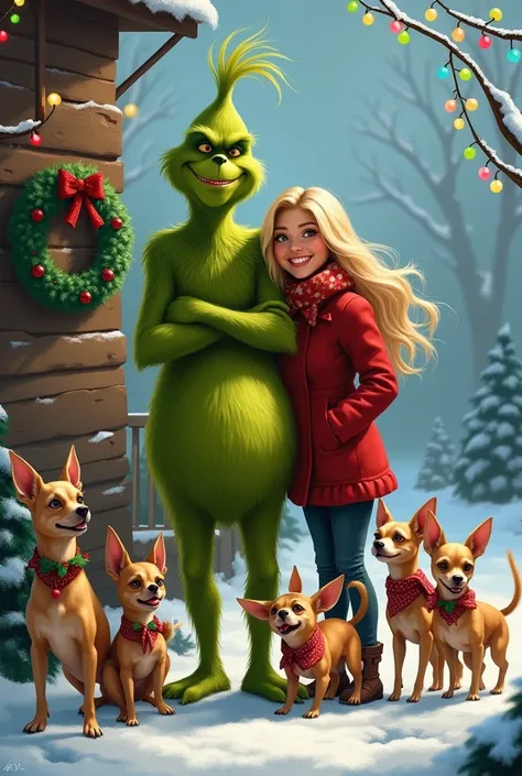 Christmas image of The Grinch with a 42-year-old blond haired woman and 7 chihuahuas