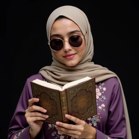 "A young woman with a soft and serene expression, wearing a beige hijab and stylish round sunglasses. She is reading an intricately designed book with Arabic patterns on the cover. Her dress is purple with delicate floral embroidery, and she has a name tag...