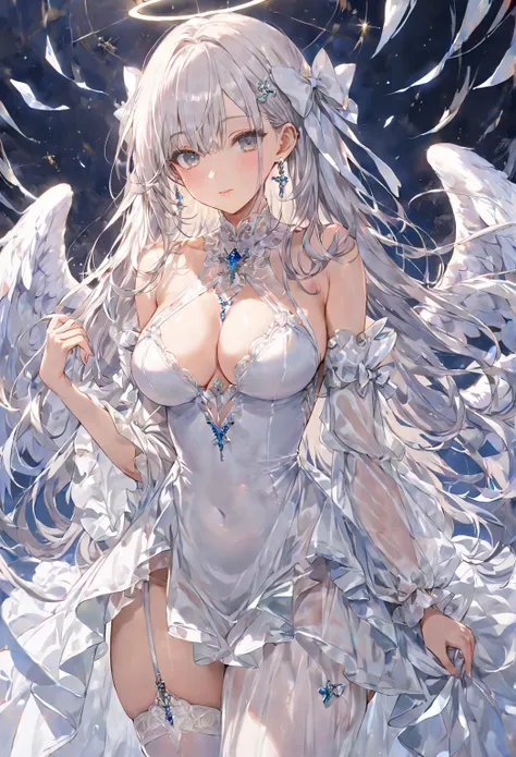 1 girl, solo, angel,
sexy, glossy skin, shiny skin, big breasts, thick thigh, ((White hair)) long hair, very long hair, bangs, grey eyes, perfect eyes,
dress, frills, detached sleeves, wide sleeves, white dress, bare shoulders, bow, white bow, gem, jewelry...