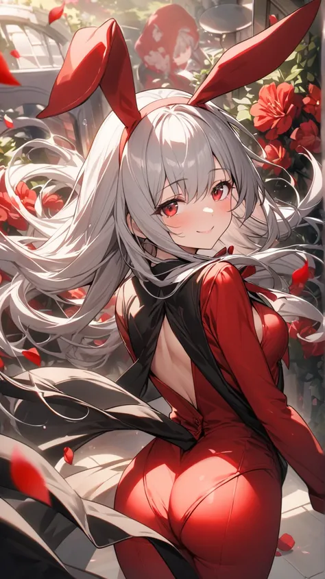 ( best quality, ),  beautiful woman (Red eyes), elements that play gagaku. well-groomed face from a sense of distance、 shy expression、 Silver Hair、 red eyes、smile( close one eye、Looking up)、 Ultra High Definition,  Bunny Girl Transferring 1 Woman、 Surround...