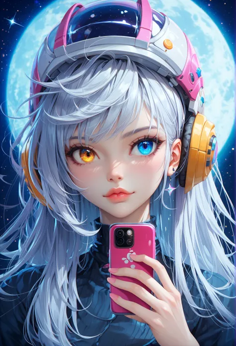  Close-up of an improved masterpiece:1.5)0.9], (Space and astronauts:1.2) (Messy silver hair:1.1) (heterochromia: xanthochromia and blue eyes:1.2) (Space helmet:1.0) (Colourful stars in the eyes:2.0) (A radiant glow:1.1) (Thick lips:1.0) recording herself ...