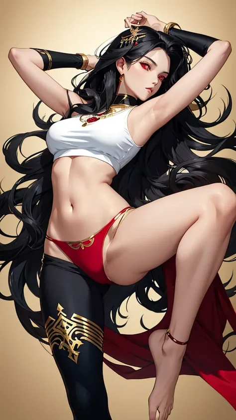 Beautiful and sexy woman with long, wavy black hair and red eyes. She has a slender figure and is wearing a simple white top, a black thong, and gold ornaments around her body. On her right leg, she wears a blue legging. The background is dark.