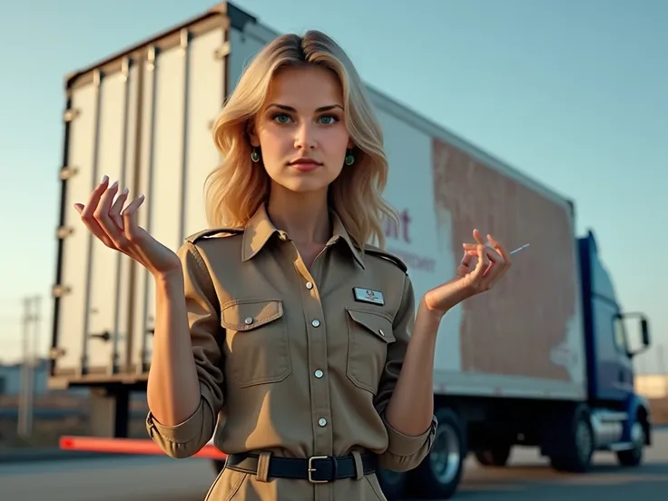 Young attractive blonde, 23 years old, green eyes dressed as a truck driver, stands on the side of a truck with her hands raised as if she is pointing and presenting a product. It is showing an advertisement on the side of the truck. The ad is for a makeup...