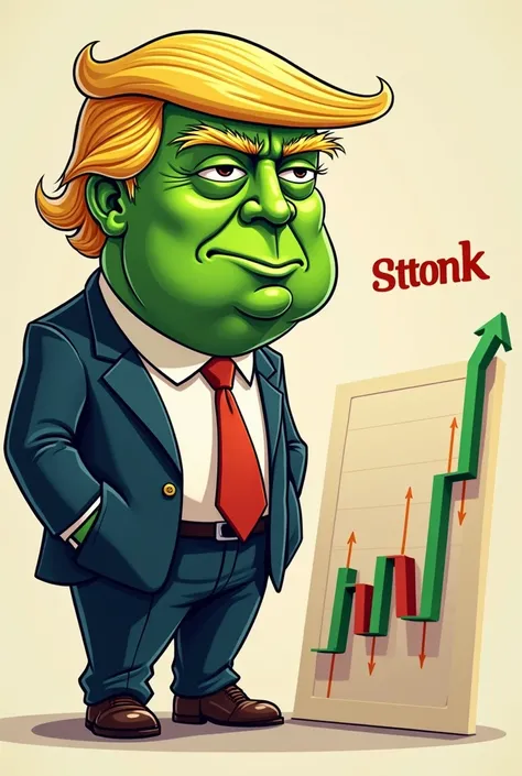 portrait view of president trump in 2d cartoon style  with green skin like pepe the frog standing next to bitcoin chart with word stonk ,  memecoin