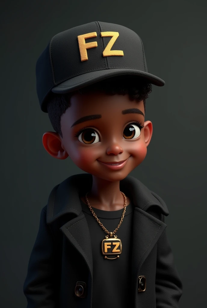 A cute black AI boy with a cap with the letters FZ on his head and a necklace with the letters FZ in a black coat on a dark background