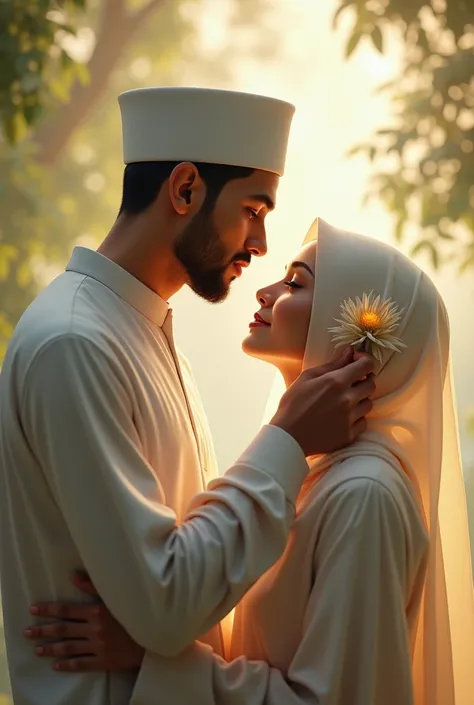 Muslim couple putting flower in wifes head without any face
