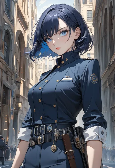 adult woman, short dark blue hair, pale blue eyes, sword belt, special secret agent, Masterpiece, best quality, Full HD, 8k, ultra details, great graphic, anime style, 2D, detailed eyes, beautiful eyes, beautiful face, beautiful clothes, beautiful body