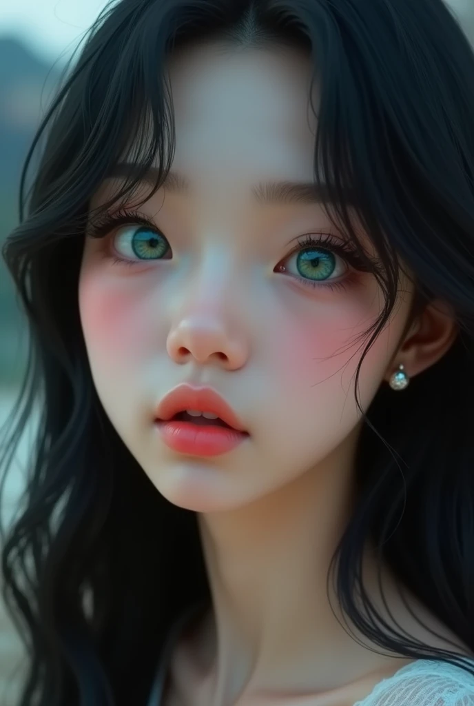 A   with striking, large blue-green eyes (central heterochromia) with long eyelashes, long shiny black hair with soft waves, round face, glossy plump pink lips, rosy cheeks, small nose, smooth and fair skin.