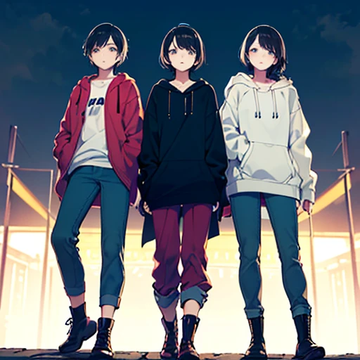 (   highest resolution ,   clear  _image) Excellent,   Masterpiece ,   high detail,   semi-realistic  , 3 neutral girls(   high school girls, ,黒い shorthair, golden eyes,  Indifferent Appearance  , young,  Tall、Get Stronger  ,   hoodies  , pants,   boots , ...