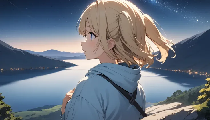  1 girl、Blonde、 two side up、 hair that flutters like、 light blue hoodie looking out at the starry sky、 back view、 standing、Full body portrait、night、Overlooking the lake from the top of the mountain