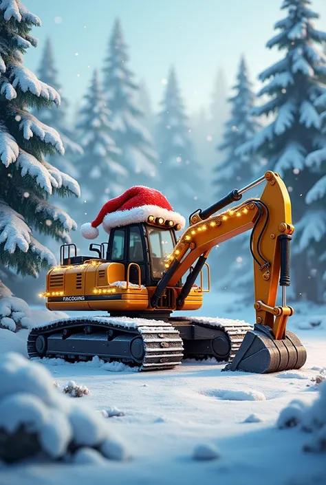 A Christmas excavator in the snow 