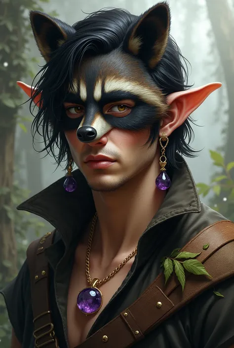 ((medieval)), ((realistic)), A Man Elf,  medium size black hair, Serious look, amber eyes, Ranger,  with a raccoon mask , an amethyst necklace , leaf earrings.