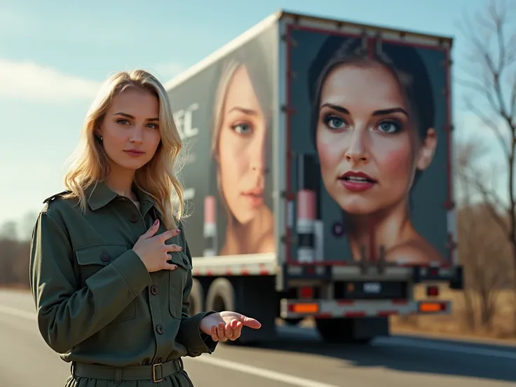 Young attractive blonde, 23 years old, green eyes dressed as a truck driver, stands on the side of a truck with her hands raised as if she is pointing and presenting a product. It is showing an advertisement on the side of the truck. The ad is for a makeup...