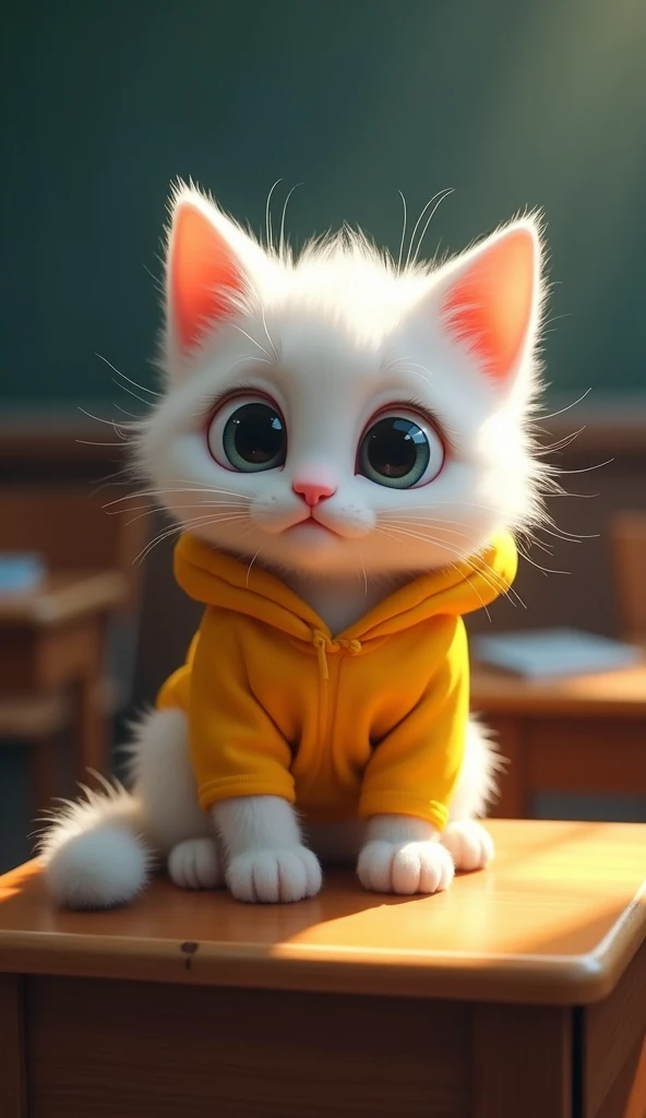 A , white kitten, centrally positioned, is sitting at a wooden desk.  The kitten is wearing a bright yellow hoodie.  Its eyes are large and expressive, with a slightly surprised or curious look, and it is looking directly ahead. The background depicts a cl...