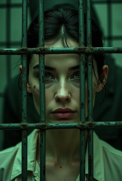 Audrey Hepburn with a dirty face, WITH A BOILED HEAD BEHIND BARS IN A CELL (green filter )
