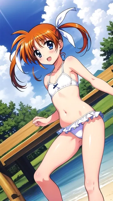 Nanoha Takamachi,  1 girl,  twin tails,  white ribbon,
 standing,bikinis
small breasts