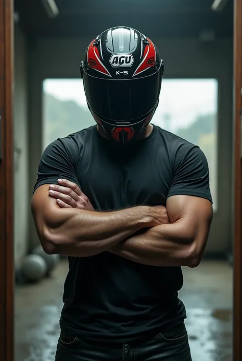  Realistic close-up photo , biker, brutal, sports, in a large closed mirror AGV K-5 S MULTI , in which you cant see the face , wearing a long sleeve t-shirt, leather pants,  stands with his arms crossed ,  looking at camera,  with the Chinese Wall in the b...