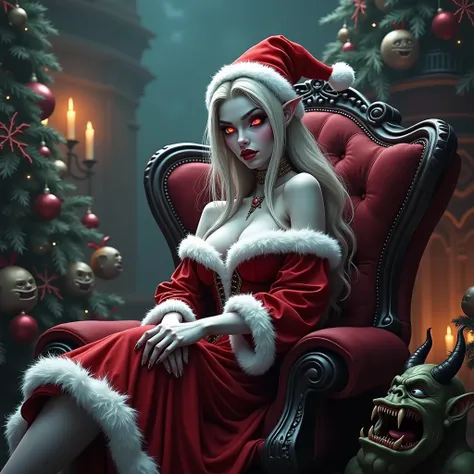 A evil sexy blood elf maiden,  her pale porcelain-like skin, sits regally on a velvet chair, resplendent in a sultry Santa-inspired off-the-shoulder gown and a jaunty Santa hat. Her red eyes gleam with mischievous intent as she adorns a Christmas tree, sur...