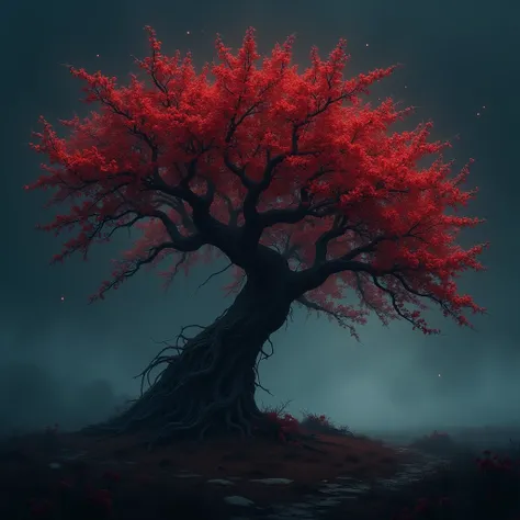 until,  digital illustration ,  highly detailed ,  tongue ,  an unrealistic illustration ,  digital painting ;  a lush and robust dry tree ,  with an aged trunk and twisted branches ,  but covered by countless red flowers that bloom on its branches .  The ...