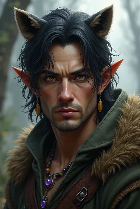 ((medieval)), ((realistic)), A Man Elf,  medium size black hair, Serious look, amber eyes, Ranger,  with a raccoon mask , an amethyst necklace , leaf earrings.