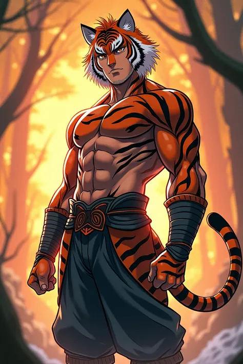 Create an anime man who should represent the Japanese zodiac sign of the tiger he should wear light comfortable armor on his hair should be tiger ears and he should have a tiger tail