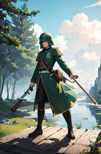  male German ry,green iron helmet ,Blonde,Green military uniform,Black Boots, wooden rifle 