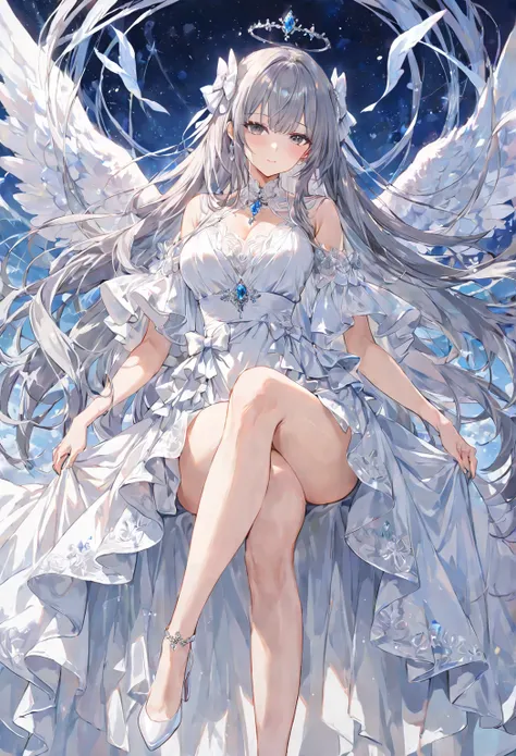 1 girl, ((mature woman), ((milf)), solo, long hair, bangs, dress, jewelry, very long hair, closed mouth, full body, grey hair, frills, wide sleeves, white dress, high heels, grey eyes, white footwear, white bow, gem, white theme
masterpiece, best quality, ...