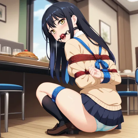 one girl , Alone, Movie-like , Game CG, Animated Screenshot, Official Art, masterpiece, best quality, Bondage, tied up, open mouth gag, score_9, score_8_up, score_7_up, score_6_up, score_5_up, score_4_up, BREAK source_anime, Miko Yotsuya, yellow eyes, blac...