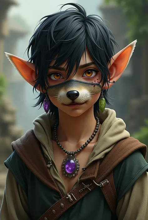 ((medieval)), ((realistic)), A male adolescent elf ,  medium size black hair, Serious look, amber eyes, Ranger,  with a raccoon mask , an amethyst necklace , leaf earrings,  scars on his mouth and left eye.