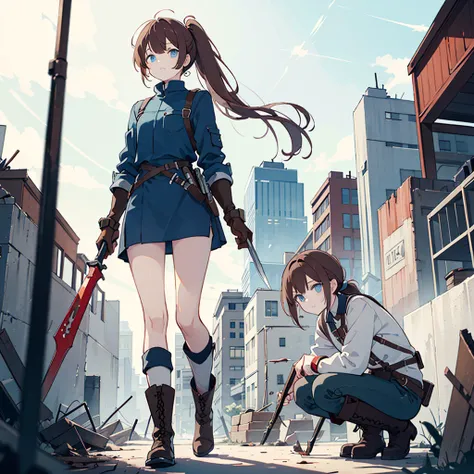 solo1.3、Abandoned City 1 .4、 Mysterious Adorable Girl 、Hold a mechanic rod-shaped weapon 1.7、Leather Armor 1 .5、 Black Mechanic Machine Cage Hand 1 .5、 Black Mechanic Machine Boots 、Reddish brown hair、Dark Light Blue Eyes 、very long ponytail1.3、messy hair、