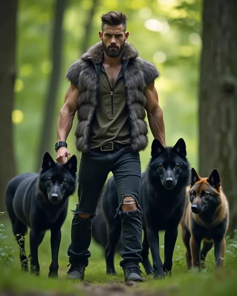 daylight green Forest Encounter: A 30-year-old male figure stands strong amidst a den of wolf pups, illuminated by the radiant full earth. The subjects chiseled physique and quaff hairstyle are accentuated against the green forest. He wears a sleek fur sle...