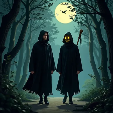  Two men walk side by side on a path that crosses the dense forest ,  The surrounding atmosphere is illuminated by moonlight slip among the foliage.  Both look engrossed talking with a serious but relaxed expression . Both men were wearing black robes with...