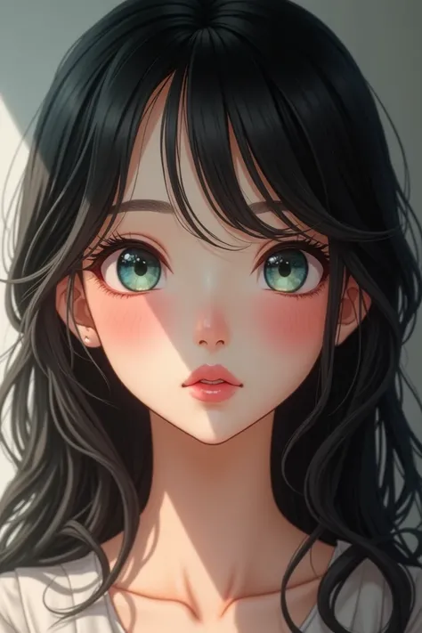 A  girl, Japanese, round face, striking blue-green doe eyes (central heterochromia) with long eyelashes, long shiny black hair with soft waves, glossy plump pink lips, rosy cheeks, small nose, smooth and fair skin.