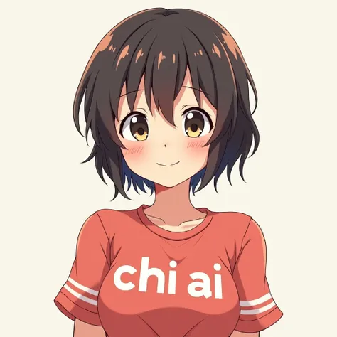 Anime girl Wearing clothes with Chii Ai written on them, short hair smiling